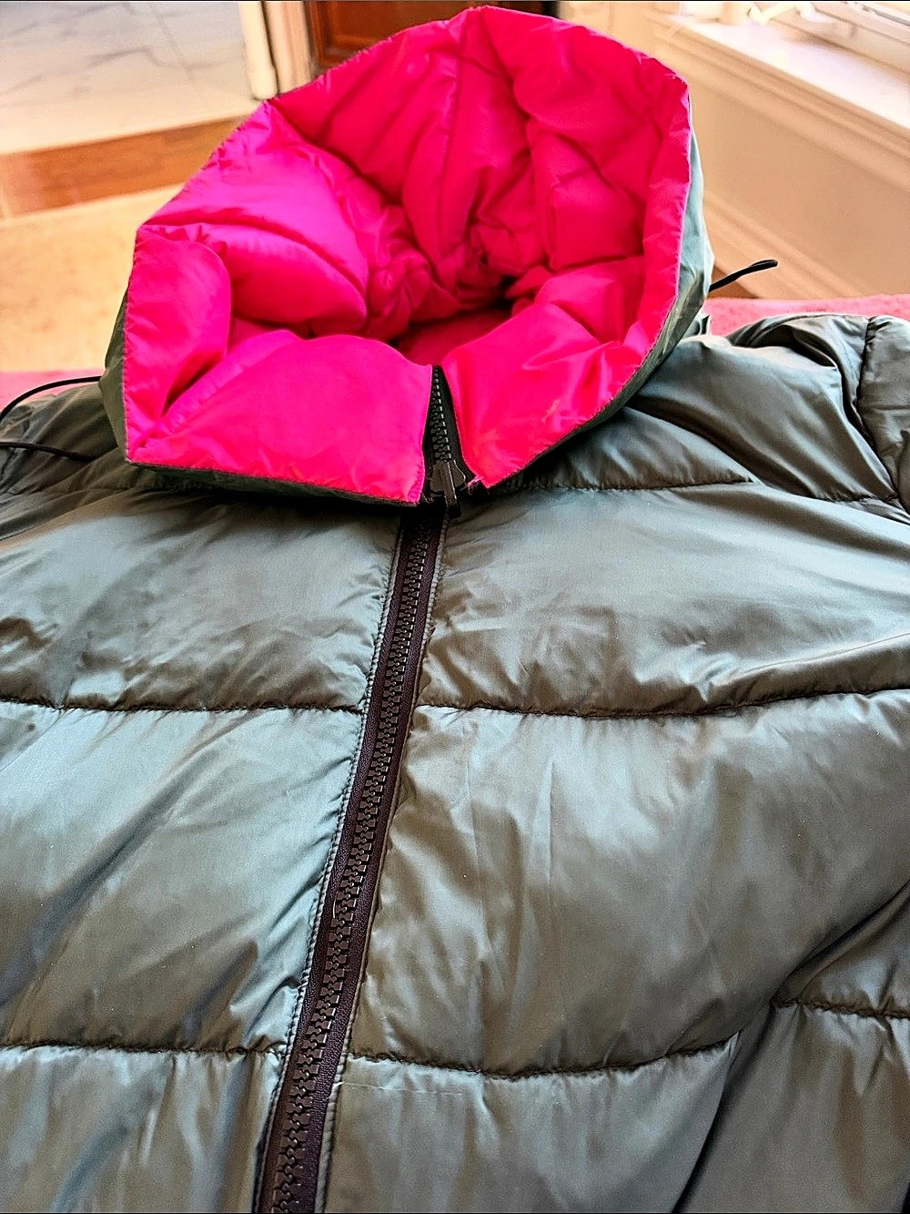Color Block Puffer Jacket in Green & Pink Like New